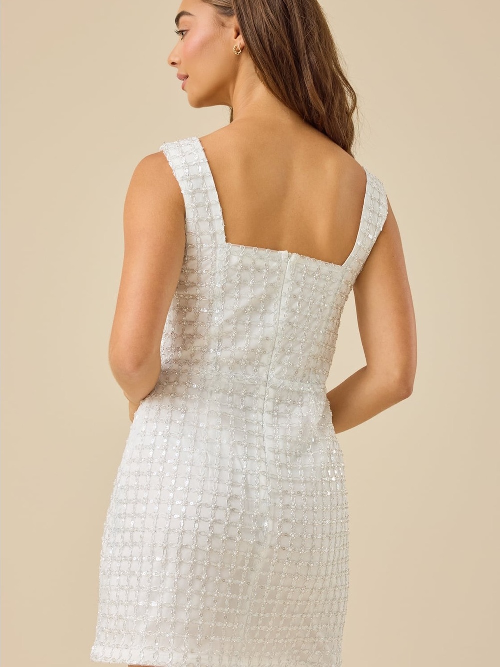 Altar'd State Mateo Fit Flare Mini White Beaded Square Neck Sheath Dress Medium - Picture 3 of 9
